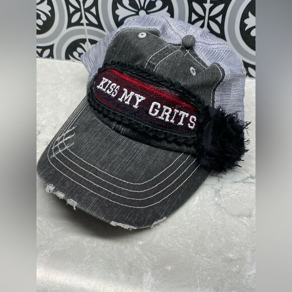 Kiss My Grits Ball Cap - Patch with Flower and Pompom Trim - Picture 1 of 3